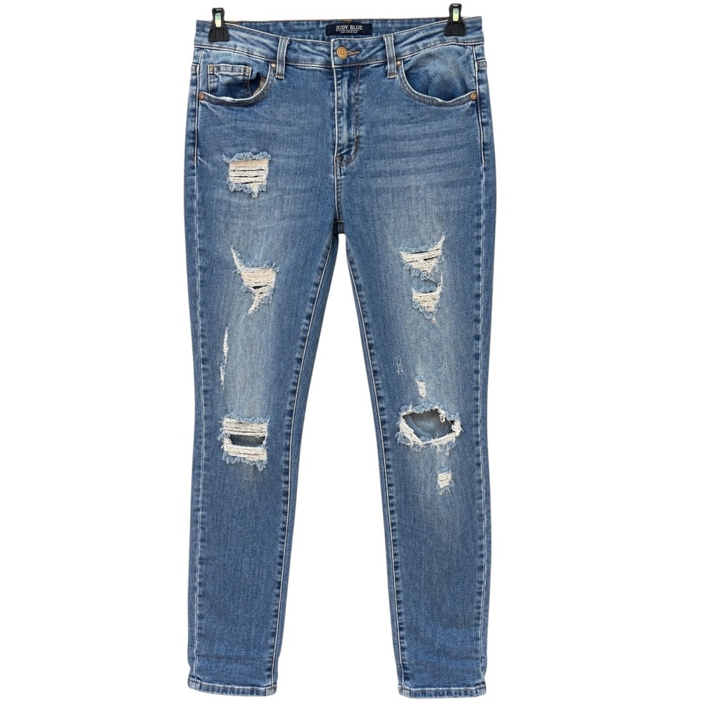 Judy Blue Womens 13/31 Boyfriend Jeans Medium Wash Distressed Grunge Denim